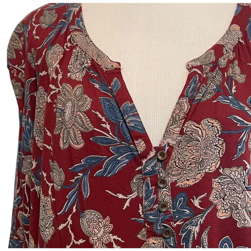 Lucky Brand Floral Henley Top Womens Size 2X Burgundy Blue Border Knit Peasant